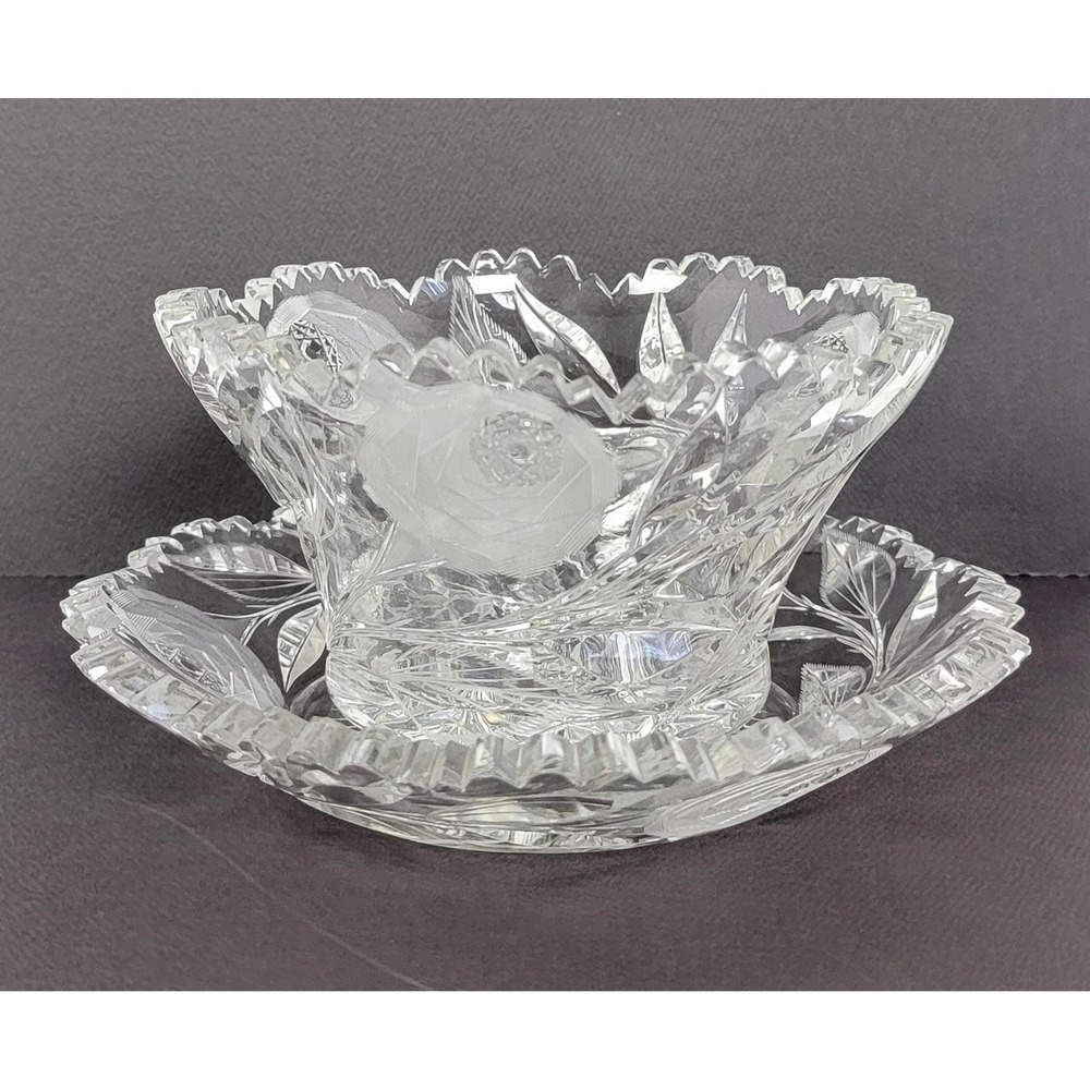 American Brilliant Period (ABP) Cut Glass Mayonnaise Bowl & Matching Plate Set